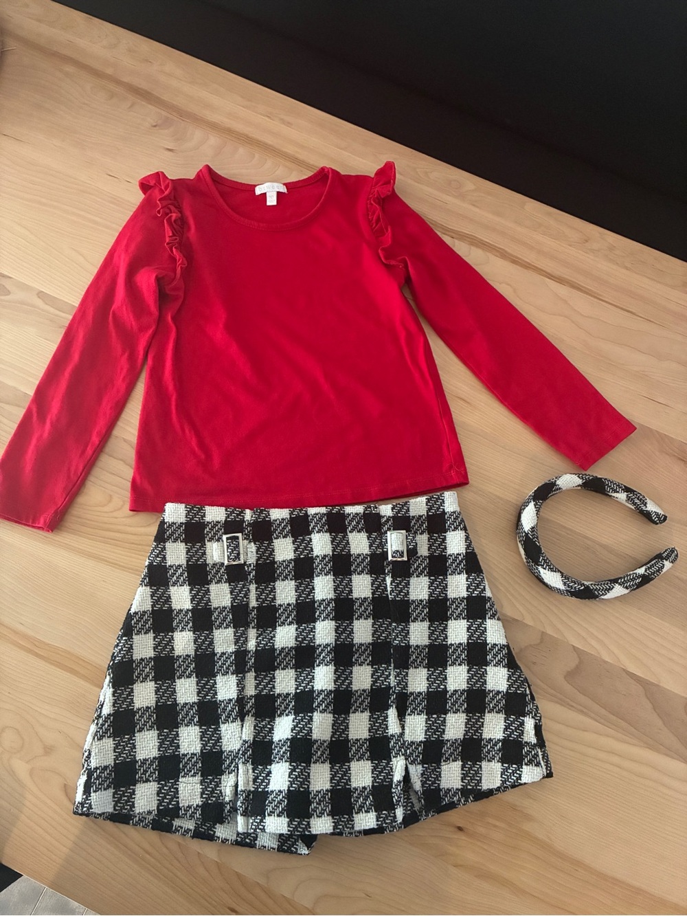 btween Red Ruffle-Shoulder Top with Black & White Check Skirt Set